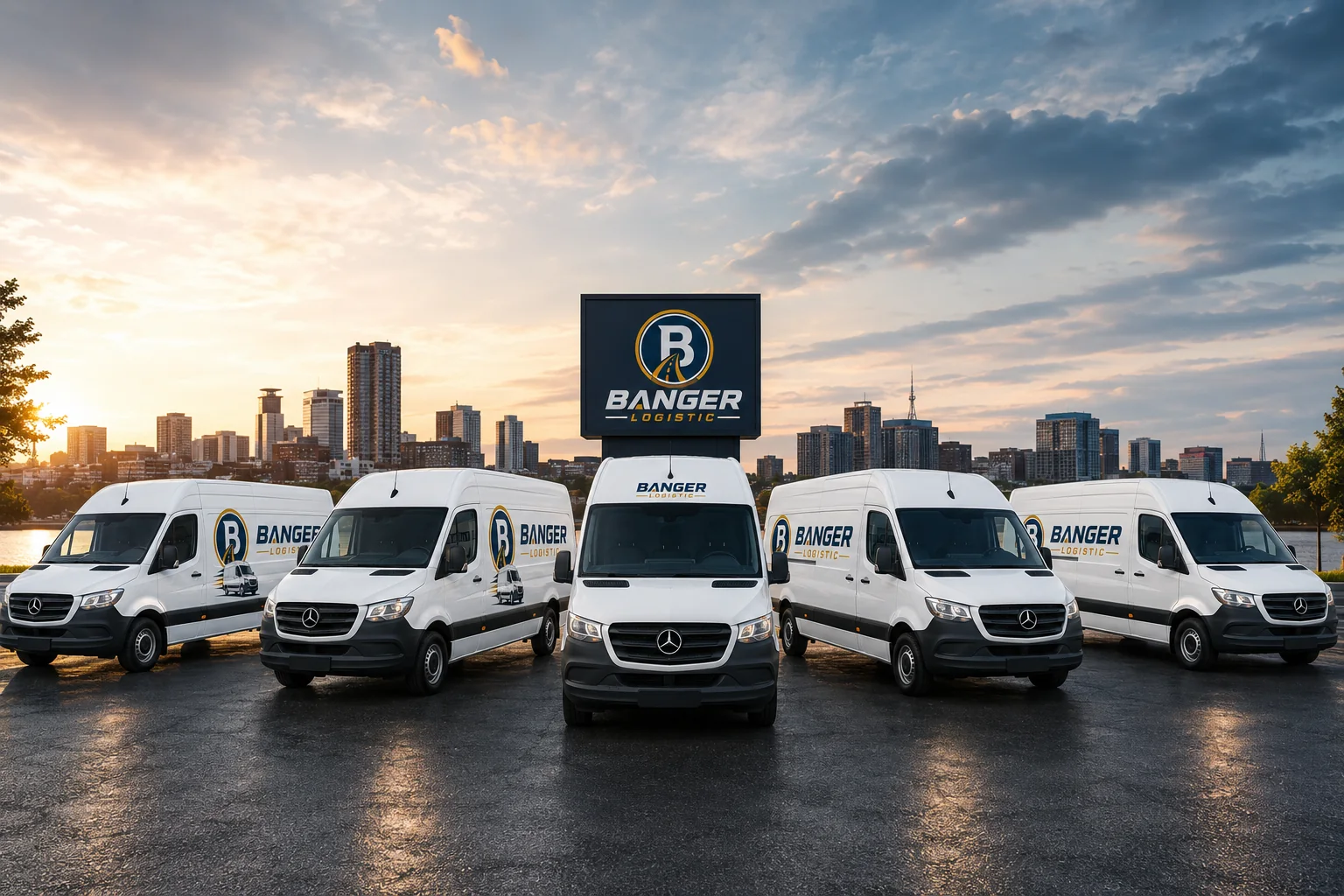 Fleet of branded Banger Logistics Sprinter vans lined up with a city skyline behind