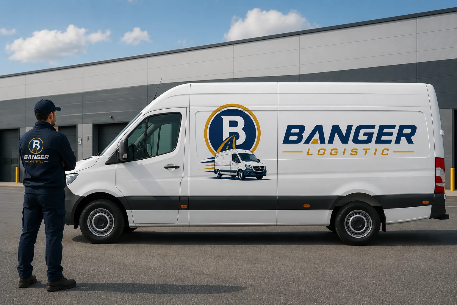 Banger Logistics driver standing beside a branded Mercedes-Benz Sprinter van at a warehouse