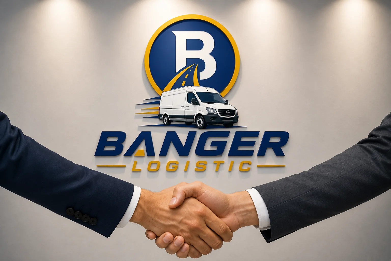 Two business partners shaking hands in front of the Banger Logistics logo