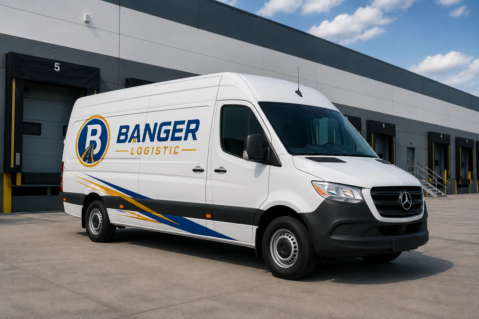 Banger Logistics van at a multi-bay warehouse loading dock