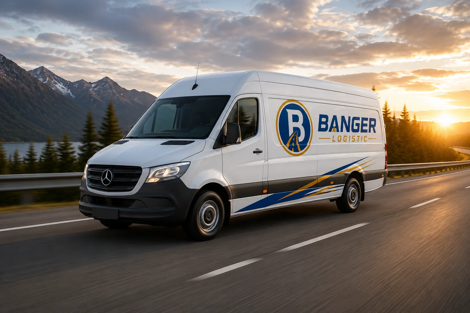 Banger Logistics van driving a highway through the mountains at sunset